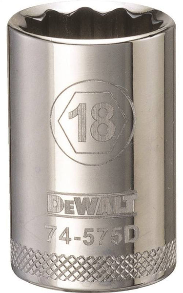 DeWALT DWMT74575OSP Drive Socket, 18 mm Socket, 1/2 in Drive, 12-Point, Steel, Polished Chrome Vanadium