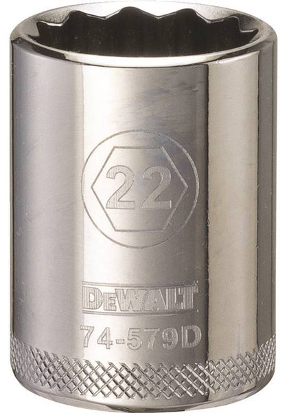 DeWALT DWMT74579OSP Drive Socket, 22 mm Socket, 1/2 in Drive, 12-Point, Steel, Polished Chrome Vanadium