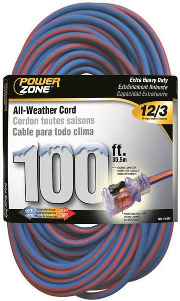 PowerZone Extension Cord, 12 AWG Cable, 5-15P Grounded Plug, 5-15R Grounded Receptacle, 100 ft L, 15 A, 125 V