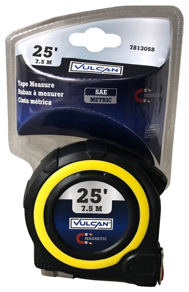 Vulcan 58-7.5X25-A Tape Measure, 25 ft L Blade, 1 in W Blade, Steel Blade, ABS Plastic Case, Yellow Case