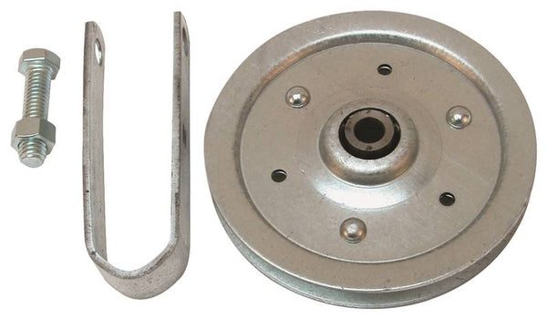 Prime-Line GD 52108 Pulley with Strap and Axle Bolt, 4 in Dia, 3/16 in Dia Bore, Galvanized Steel