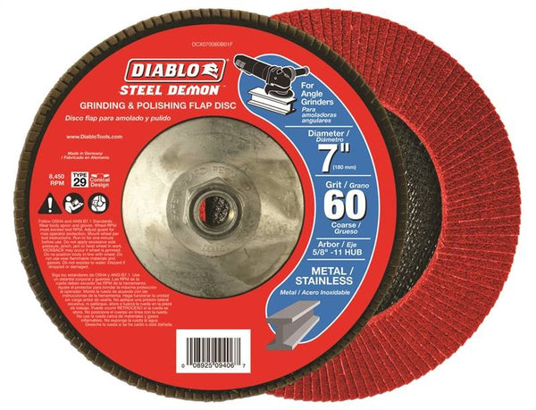 Diablo Steel Demon DCX070060B01F Flap Disc with Hub, 7 in Dia, 5-8-11 Arbor, 60 Grit, Zirconia Abrasive