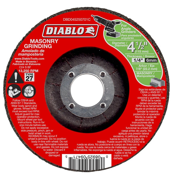 Diablo DBD045250701C Grinding Wheel, 4-1-2 in Dia, 1-4 in Thick, 7-8 in Arbor, Aluminum Oxide Abrasive