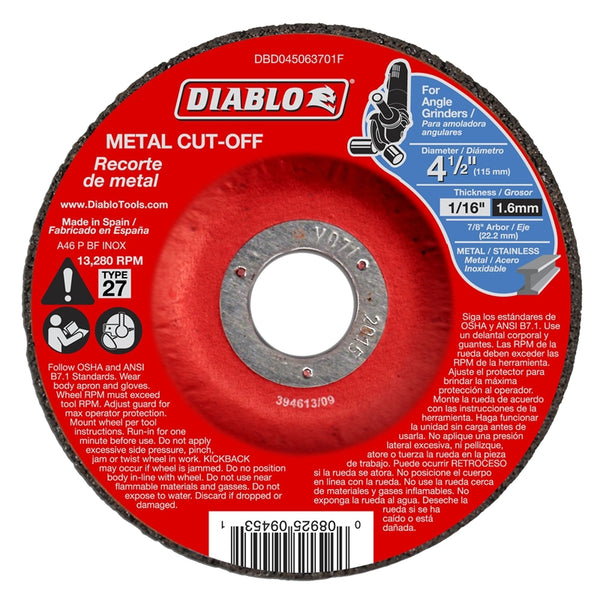Diablo DBD045063701F Cut-Off Wheel, 4-1-2 in Dia, 1-16 in Thick, 7-8 in Arbor, Aluminum Oxide Abrasive