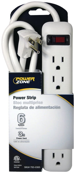 PowerZone OR801124 Power Outlet Strip, Straight Plug, 6 -Socket, 15 A, 125 V