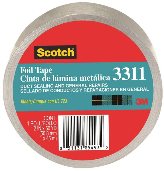 Scotch 3311-50A Foil Tape, 50 yd L, 2 in W, Aluminum Backing, Silver