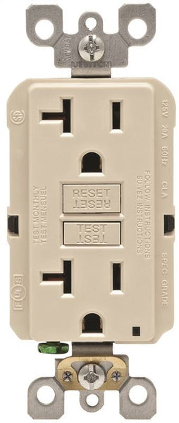 Leviton R96-GFNT2-0KT GFCI Duplex Receptacle, 2 -Pole, 20 A, 125 V, Back, Side Wiring, NEMA: 5-15R, Light Almond