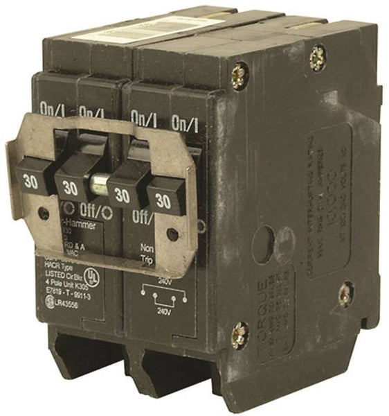 Cutler-Hammer BQ230230 Circuit Breaker with Rejection Tab, Quad, Type BQ, 30 A, 4 -Pole, 120/240 V, Plug Mounting