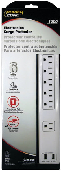 PowerZone OR525106 Surge Protector Power Strip, 125 V, 15 A, 6 Three-Prong-Outlet, White