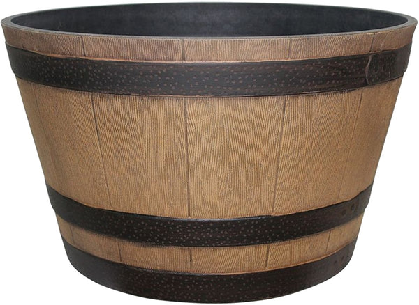 Southern Patio HDR-055440 Planter, 15.4 in W, 9.1 in D, Round, Whiskey Barrel Design, Plastic, Natural Oak
