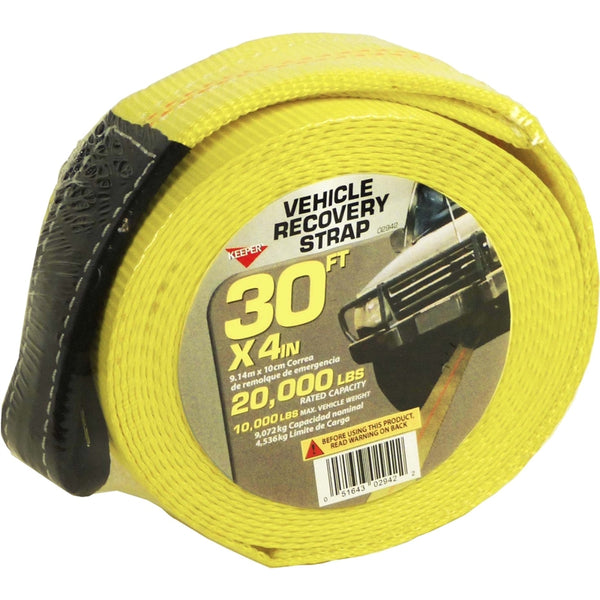KEEPER 02942 Recovery Strap with Ware Guard, 20,000 lb, 4 in W, 30 ft L, Hook End, Yellow