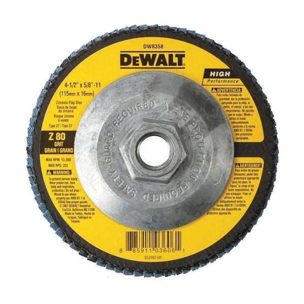 DeWALT DW8358 Flap Disc, 4-1-2 in Dia, 5-8-11 Arbor, Coated, 80 Grit, Zirconia Abrasive, Fiberglass Backing