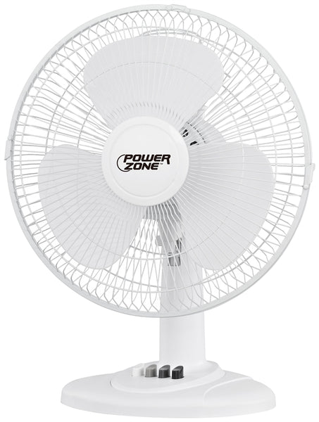 PowerZone FT-30 Oscillating Table Fan, 120 V, 12 in Dia Blade, 3-Blade, 3-Speed, 882 cfm Air, 72 in L Cord, White