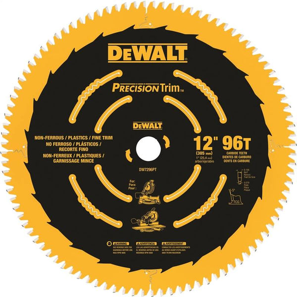 DeWALT Precision Trim DW7296PT Saw Blade, 12 in Dia, 1 in Arbor, 96-Teeth, Carbide Cutting Edge