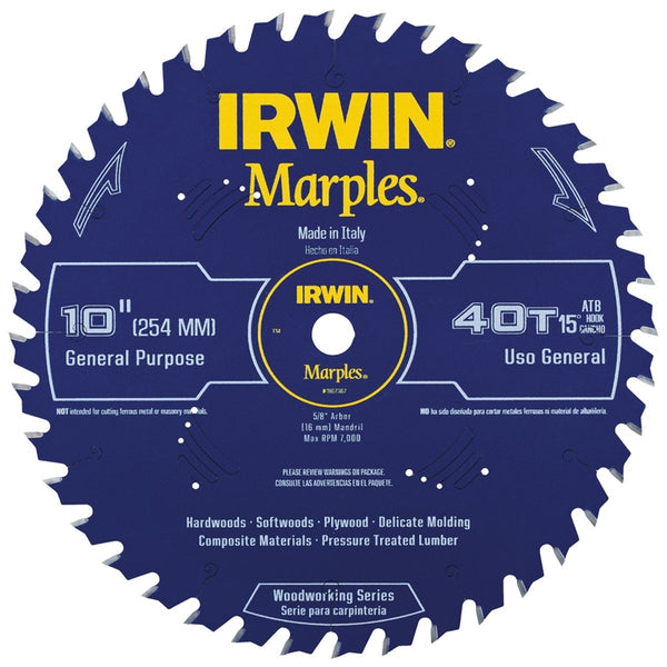 IRWIN 1807367 Circular Saw Blade, 10 in Dia, 5/8 in Arbor, 40-Teeth, Carbide Cutting Edge