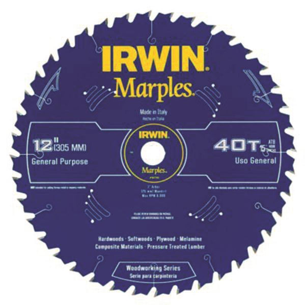 IRWIN 1807382 Circular Saw Blade, 12 in Dia, 1 in Arbor, 40-Teeth, Carbide Cutting Edge