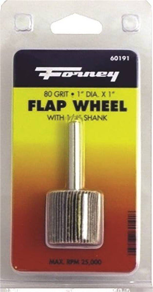 Forney 60191 Flap Wheel, 1 in Dia, 1 in Thick, 1/4 in Arbor, 80 Grit, Aluminum Oxide Abrasive