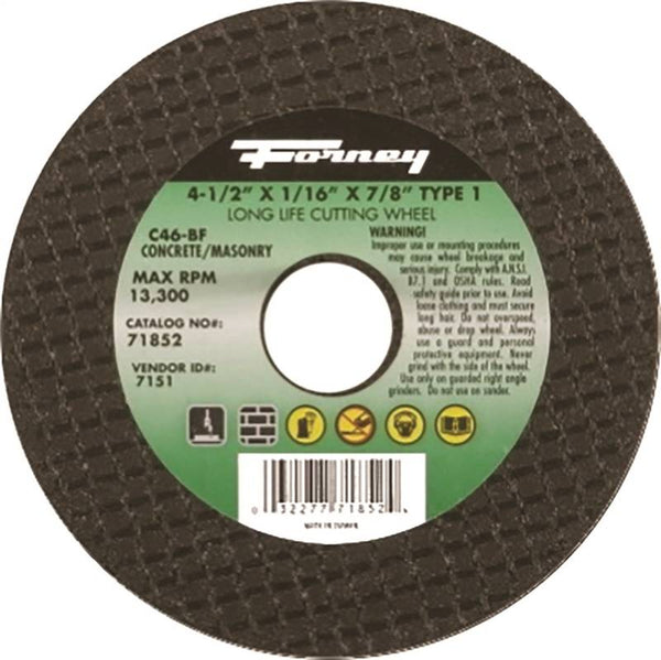 Forney 71852 Cut-Off Wheel, 4-1/2 in Dia, 1/16 in Thick, 7/8 in Arbor, 24 Grit, Coarse, Silicone Carbide Abrasive