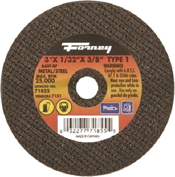 Forney 71855 Cut-Off Wheel, 3 in Dia, 1/32 in Thick, 3/8 in Arbor, 60 Grit, Medium, Aluminum Oxide Abrasive