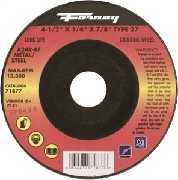 Forney 71877 Grinding Wheel, 4-1/2 in Dia, 1/4 in Thick, 7/8 in Arbor, 24 Grit, Coarse, Aluminum Oxide Abrasive