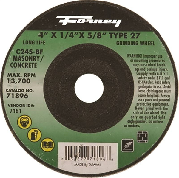 Forney 71896 Grinding Wheel, 4 in Dia, 1/4 in Thick, 5/8 in Arbor, 24 Grit, Coarse, Silicone Carbide Abrasive