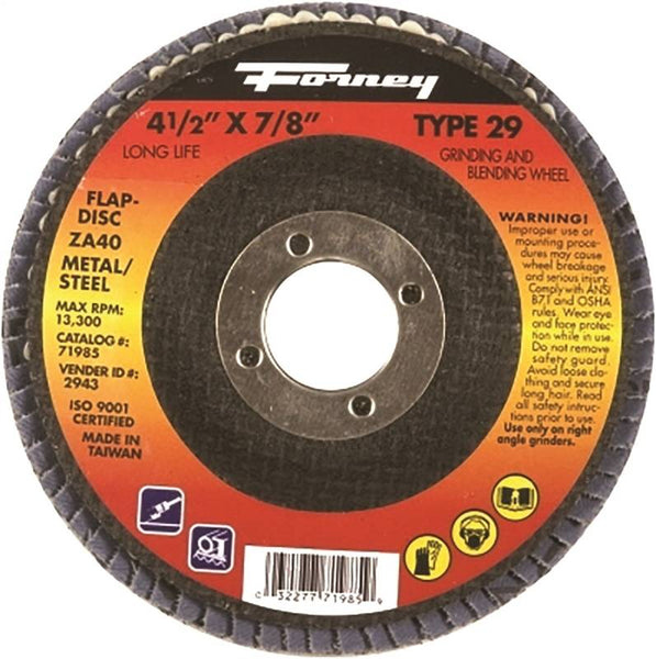 Forney 71926 Flap Disc, 4-1/2 in Dia, 7/8 in Arbor, 36 Grit, Medium, Zirconia Aluminum Abrasive