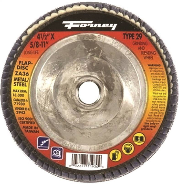 Forney 71930 Flap Disc, 4-1/2 in Dia, 5/8-11 Arbor, 36 Grit, Medium, Zirconia Aluminum Abrasive