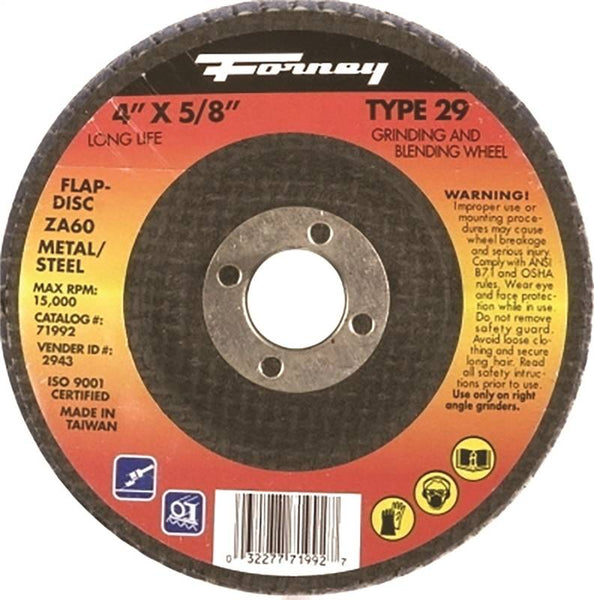 Forney 71992 Flap Disc, 4 in Dia, 5/8 in Arbor, 60 Grit, Medium, Zirconia Aluminum Abrasive, Fiberglass Backing