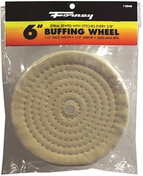 Forney 72040 Buffing Wheel, 6 in Dia, 1/2 in Thick, 1/2 in Arbor, Cotton