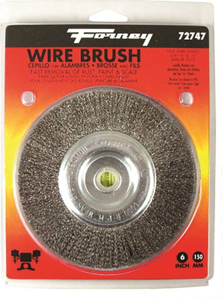 Forney 72747 Wire Wheel Brush, 6 in Dia, 1/2 to 5/8 in Arbor/Shank, 0.008 in Dia Bristle