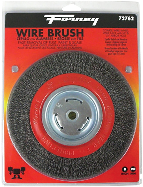 Forney 72762 Wire Bench Wheel Brush, 8 in Dia, 1/2 to 5/8 in Arbor/Shank, 0.014 in Dia Bristle