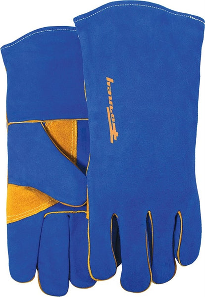 ForneyHide 53422 Welding Gloves, Men's, L, 13-1/2 in L, Gauntlet Cuff, Leather Palm, Blue, Reinforced Crotch Thumb