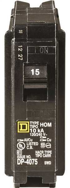 Square D Homeline HOM115C Circuit Breaker, Mini, 15 A, 1 -Pole, 120 V, Plug Mounting, Black