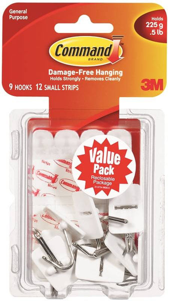 Command 17067-VP Wire Hook, 5/8 in Opening, 0.5 lb, 9-Hook, Plastic, White