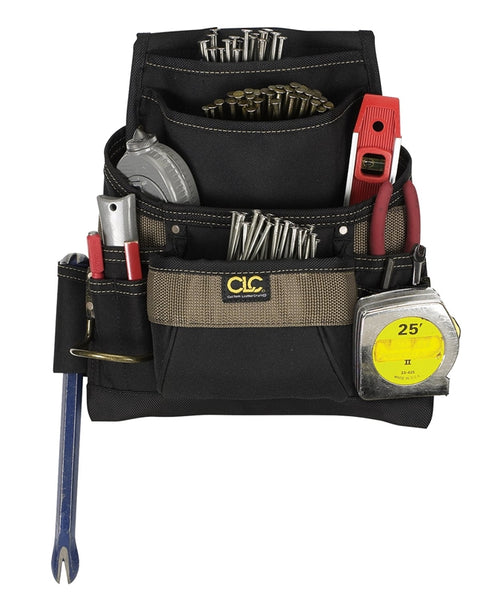 CLC Tool Works Series 1620 Nail/Tool Bag, 12-3/4 in W, 3-1/4 in D, 13-3/4 in H, 11-Pocket, Polyester, Black/Brown