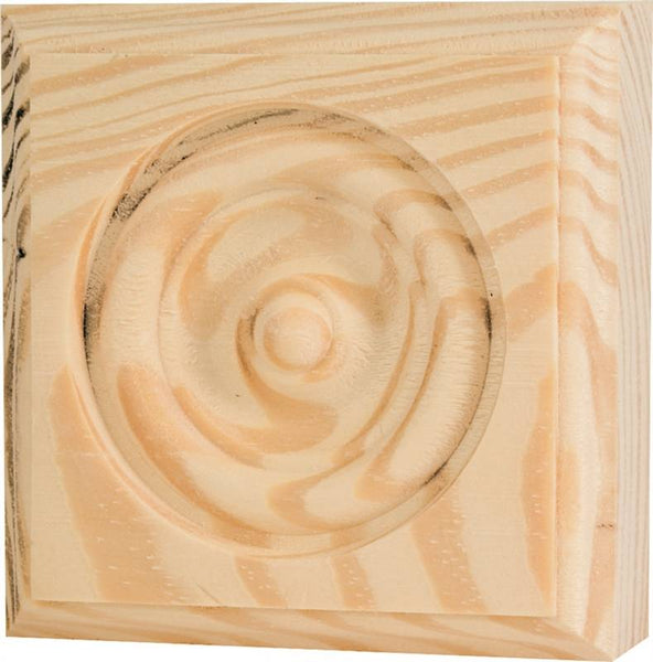 Waddell RTB35 Trim Block, 3-3/4 in H, 3-3/4 in W, Rosette Pattern, Pine Wood