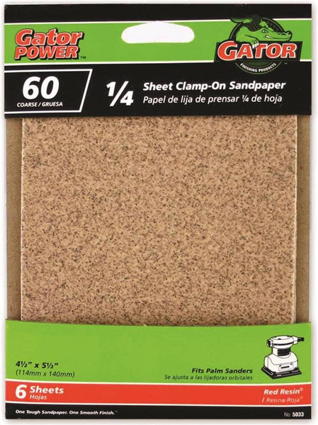 Gator 5033 Sanding Sheet, 4-1/2 in W, 5-1/2 in L, 60 Grit, Coarse, Aluminum Oxide Abrasive, Paper Backing