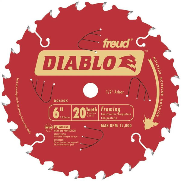 Diablo D0620X Circular Saw Blade, 6 in Dia, 1-2 in Arbor, 20-Teeth, Carbide Cutting Edge, Applicable Materials: Wood