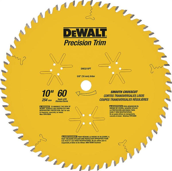 DeWALT PRECISIONTrim DW3215PT Saw Blade, 10 in Dia, 5-8 in Arbor, 60-Teeth, Carbide Cutting Edge